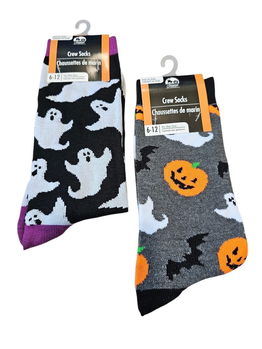 Halloween Crew Socks - Ghost & Pumpkin Designs, Size 6-12, New